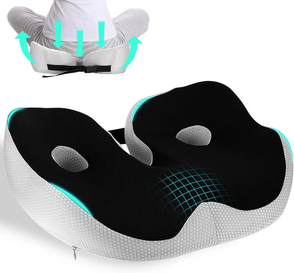 Memory foam seat cushion with text highlighting features on a white background