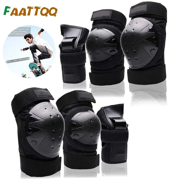 Black skateboarding protective gear set including knee pads and elbow guards, shown on a white background with a small circular lifestyle inset of a skateboarder and the brand name FAATQQ.