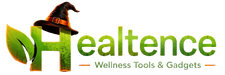 Healtence logo with a green leaf and witch hat forming the letter H, alongside the words 'Healtence Wellness Tools & Gadgets' on a white background.