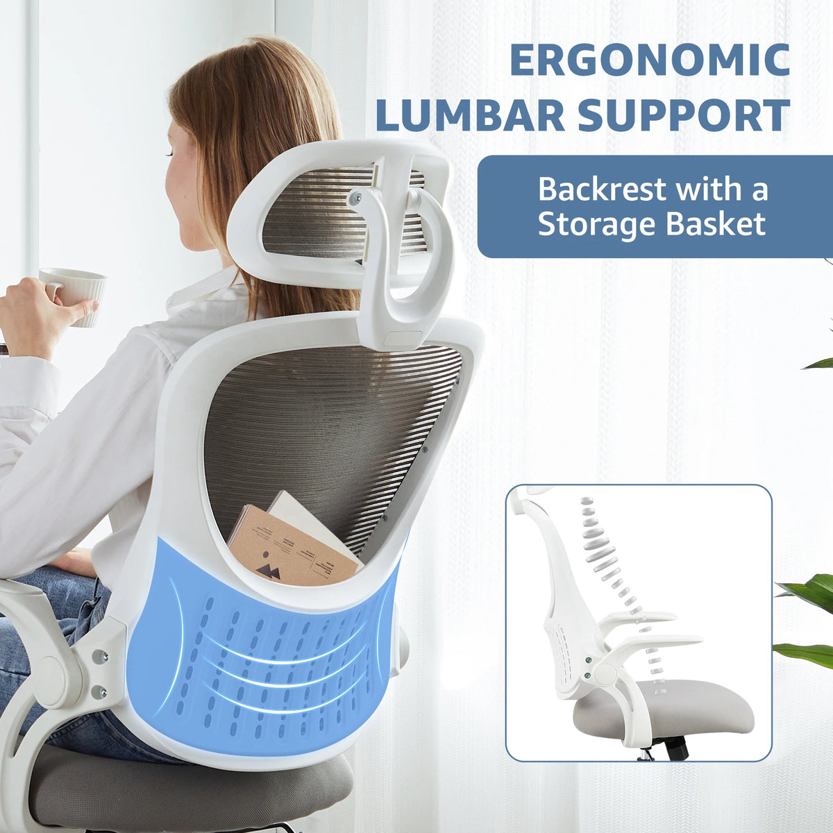 JHK Mesh Ergonomic Office Chair – Flip-Up Arms, Adjustable Headrest & Lumbar Support for Home Office