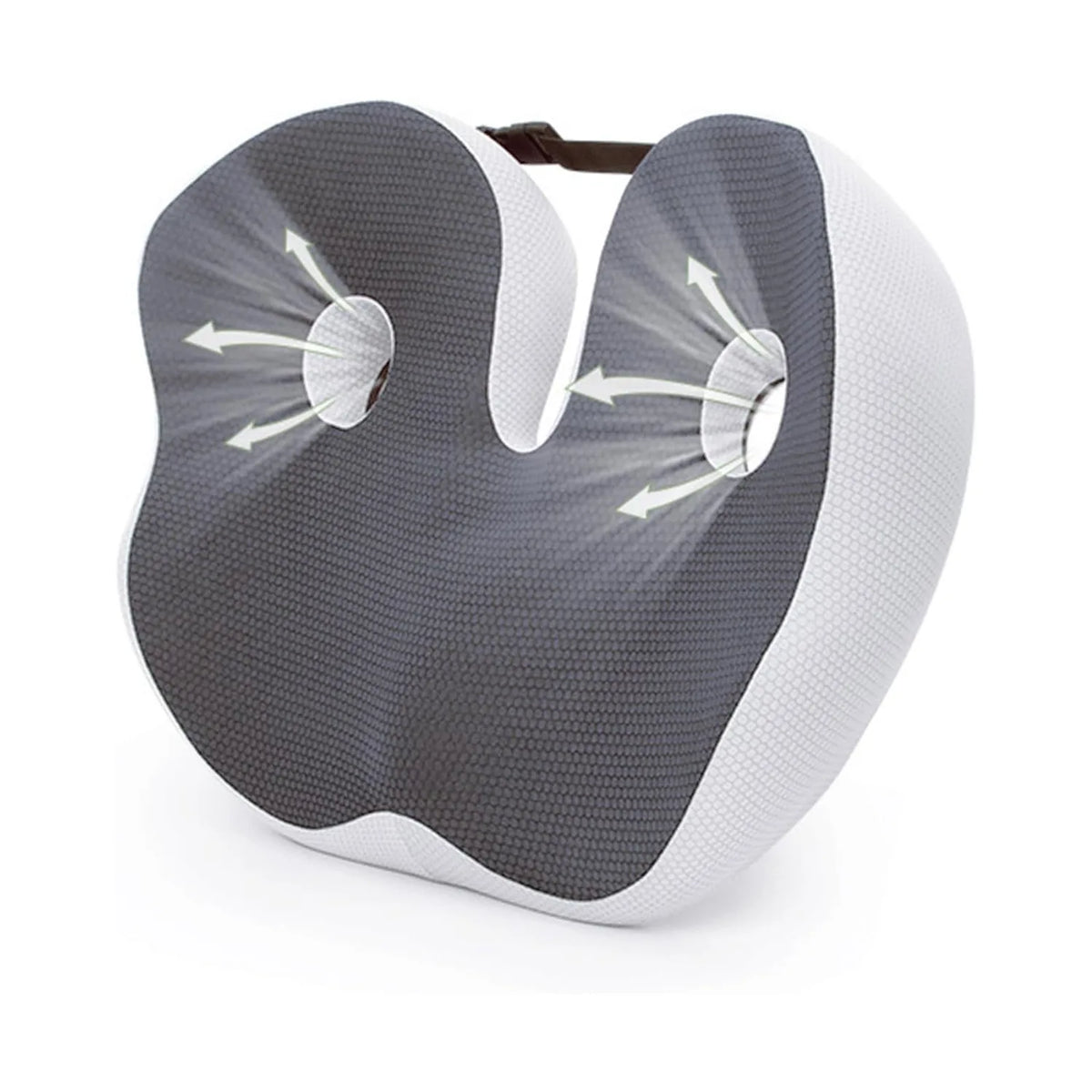 Gray and white neck pillow with air circulation arrows on a white background