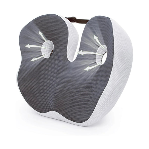 Gray and white neck pillow with air circulation arrows on a white background