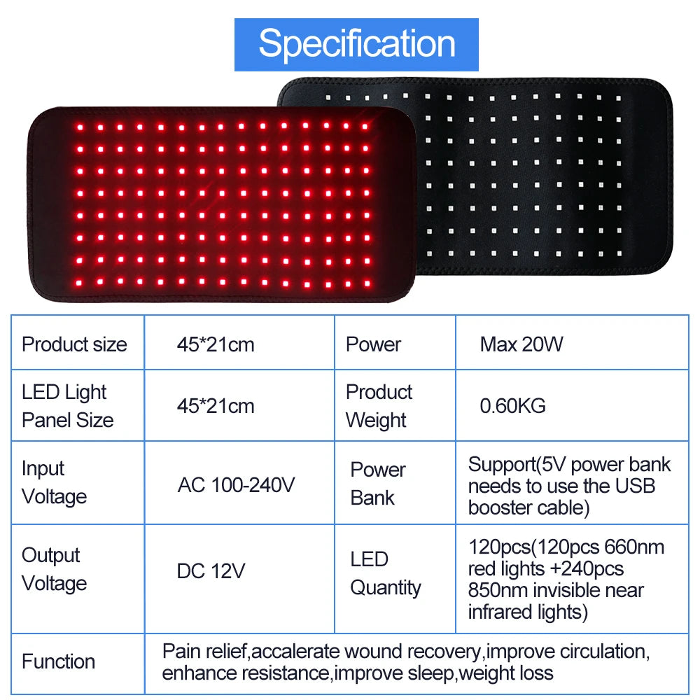 Red & Infrared Light Therapy Belt – 120 LEDs, 660nm & 850nm for Pain Relief
