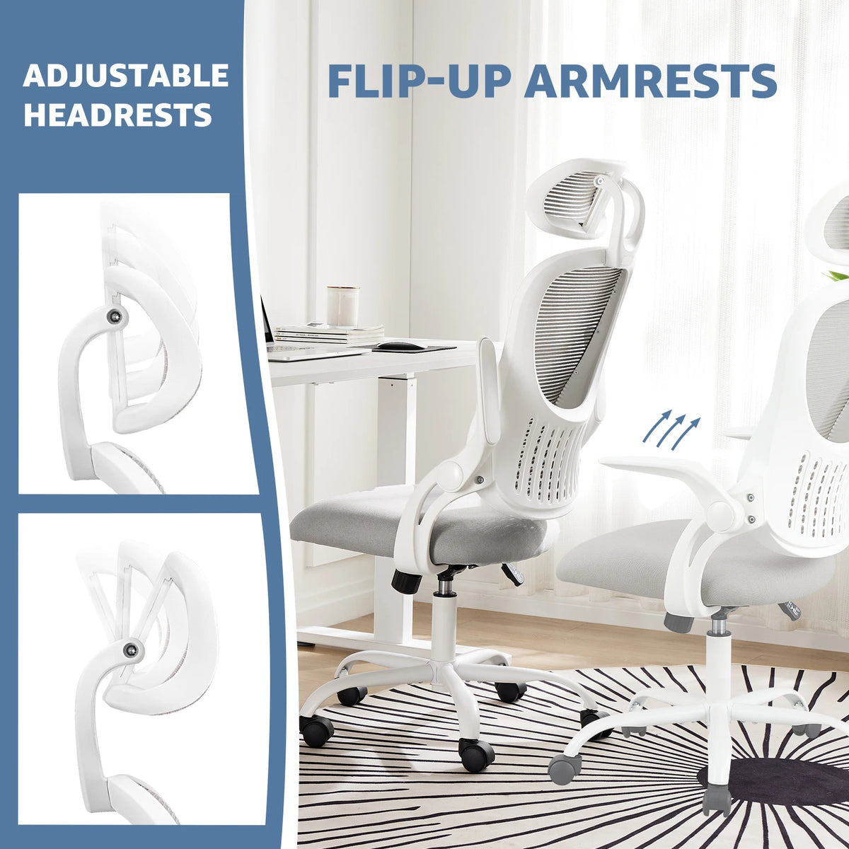 JHK Mesh Ergonomic Office Chair – Flip-Up Arms, Adjustable Headrest & Lumbar Support for Home Office