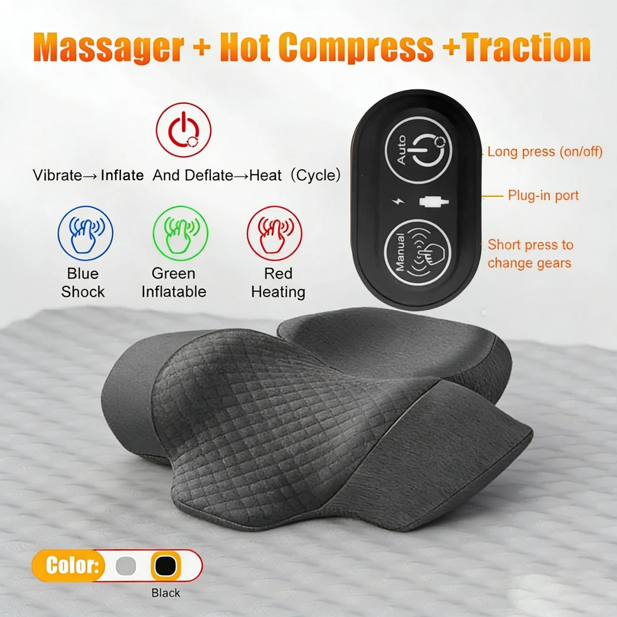 Electric Neck Massager Cervical Pillow – Hot Compress Heating & Vibration for Neck, Shoulder & Back Traction
