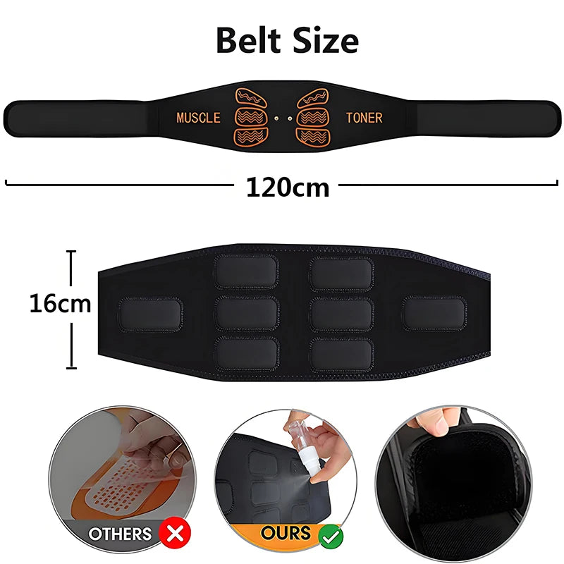 Black muscle toner belt with measurements and comparison icons on a white background