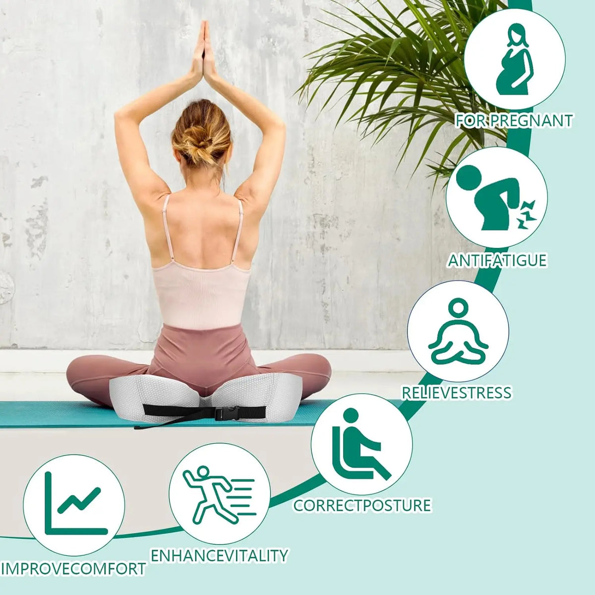 Woman practicing yoga on a mat with text highlighting benefits like for pregnant, antifatigue, relieve stress, correct posture, improve comfort, and enhance vitality.