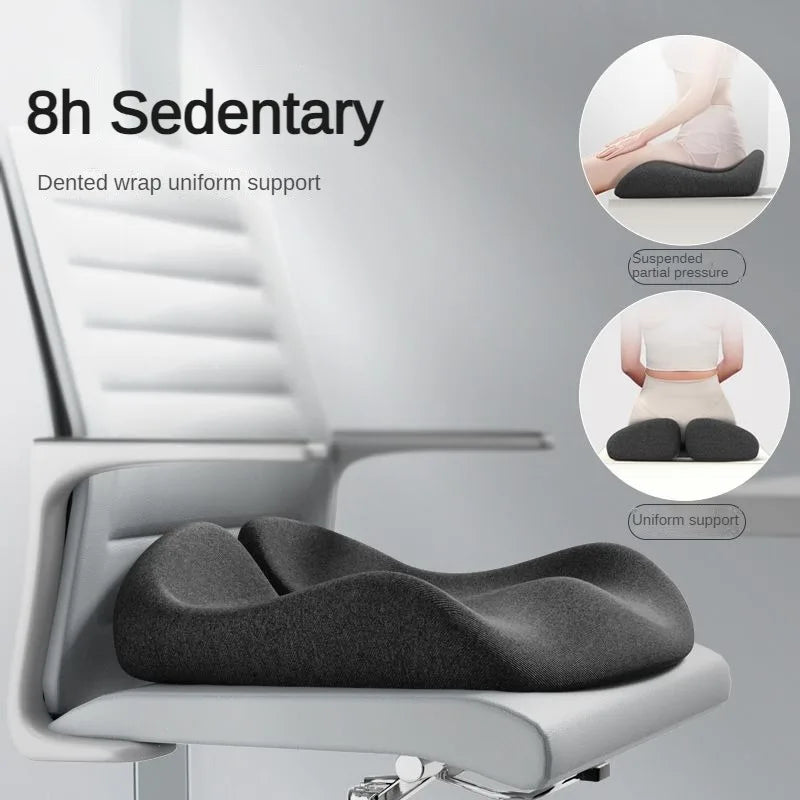 Gray seat cushion on an office chair with text '8h Sedentary' and illustrations of its benefits.