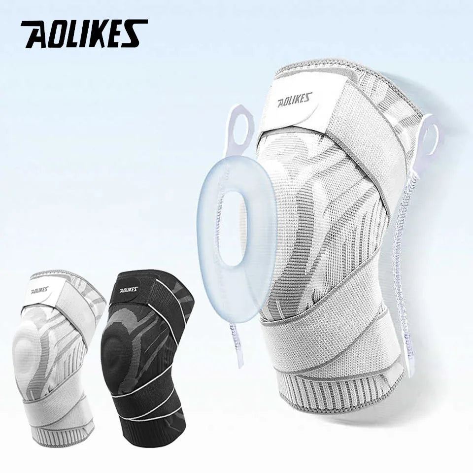 AOLIKES Compression Crossfit Knee Sleeve – Elastic Sport Brace with Long Straps & Silicone Gel for Basketball & Cycling
