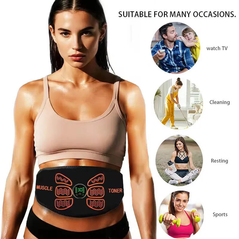 Woman wearing an electric muscle toner with lifestyle icons on a white background