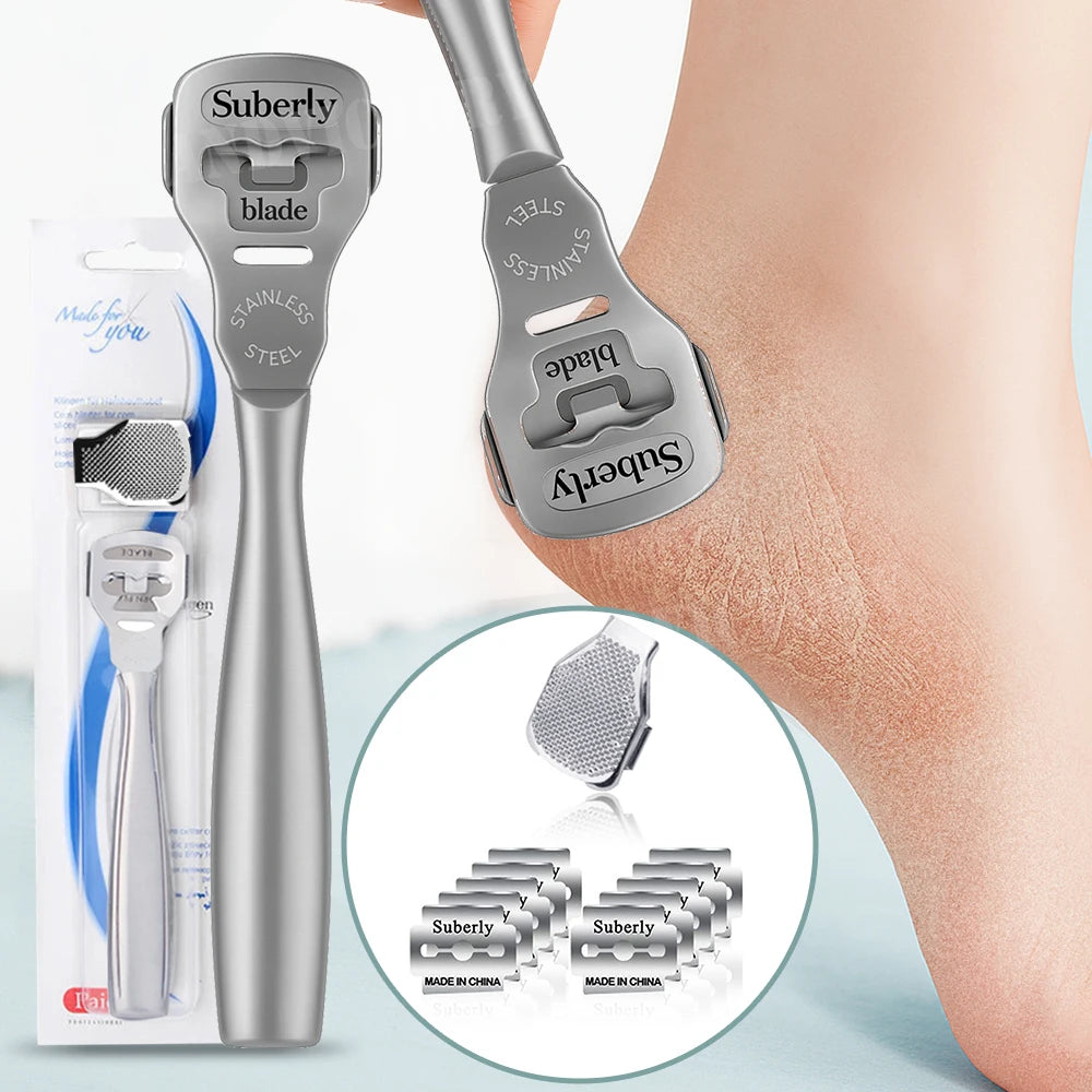 1Set Foot Razor Callus Remover Heel Hard Skin Corn Shaver Stainless Steel File Wood Grain Handle 10Pcs Blade Pedicure Tools Kit