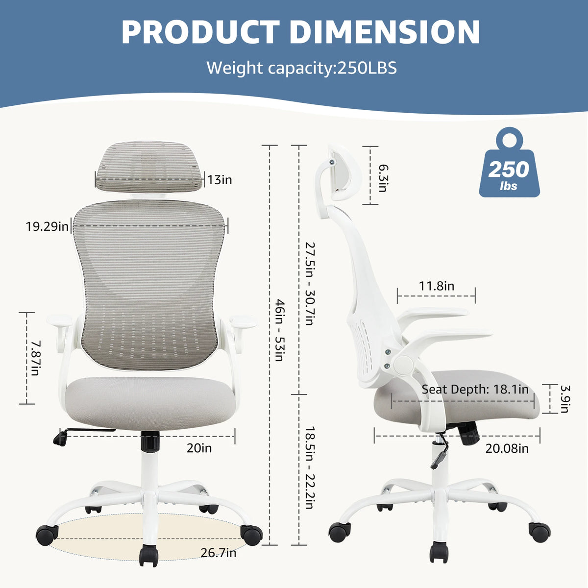 JHK Mesh Ergonomic Office Chair – Flip-Up Arms, Adjustable Headrest & Lumbar Support for Home Office