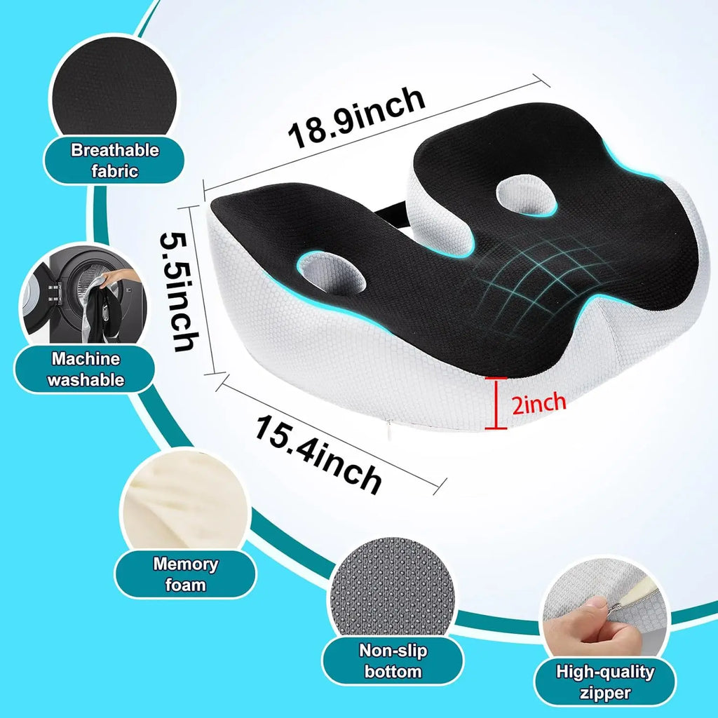 Large Memory Foam Seat Cushion – Sciatica & Tailbone Pain Relief, Non-Slip