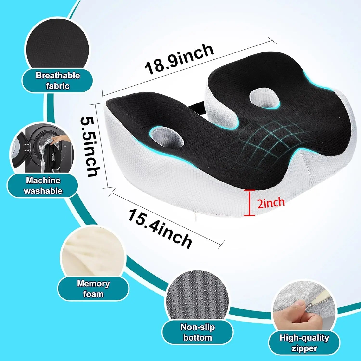 Large Memory Foam Seat Cushion – Sciatica & Tailbone Pain Relief, Non-Slip