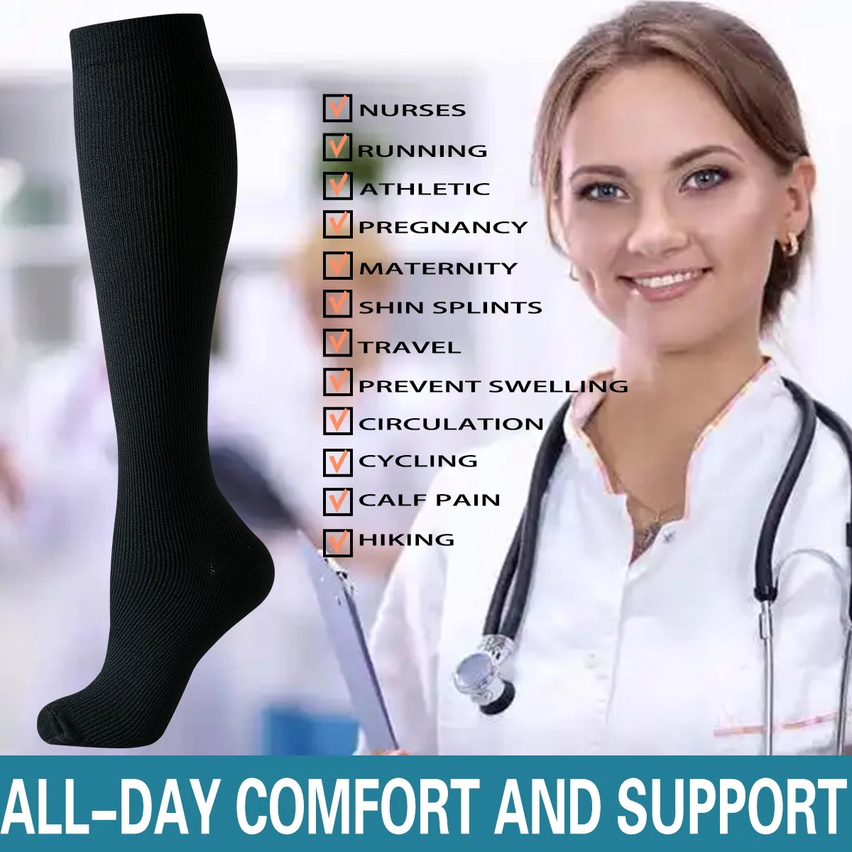 6-Pair Pack Nurse Compression Socks – Daily Leg Support & Circulation