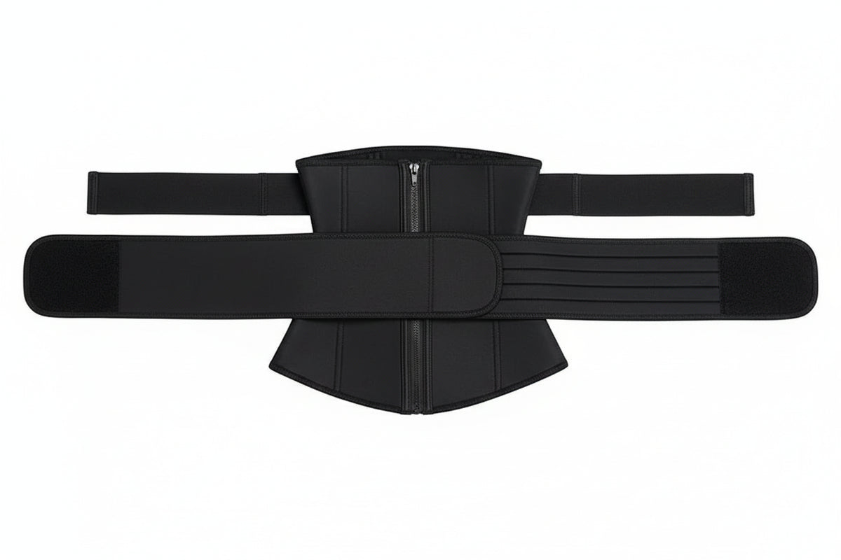 A black waist trainer belt with a central zipper, adjustable straps, and textured panels, laid flat on a white background.