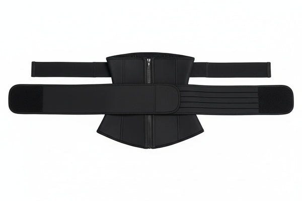 A black waist trainer belt with a central zipper, adjustable straps, and textured panels, laid flat on a white background.