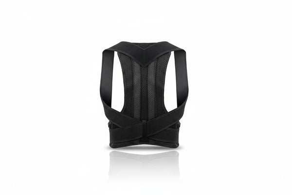 A black posture corrector back brace with breathable mesh panels and adjustable straps, shown from the back on a white background with a soft reflection.