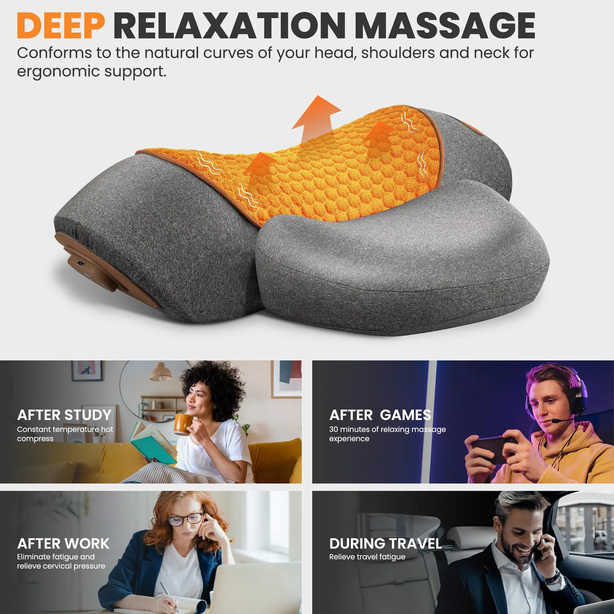 Neck and shoulder massager with ergonomic design on a white background, featuring text about deep relaxation massage.