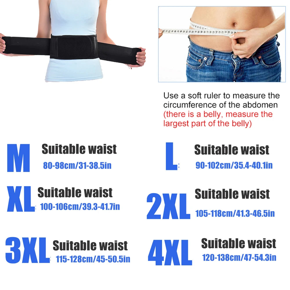 Measurement chart for waist size with a person wearing a black waist trainer and text instructions.