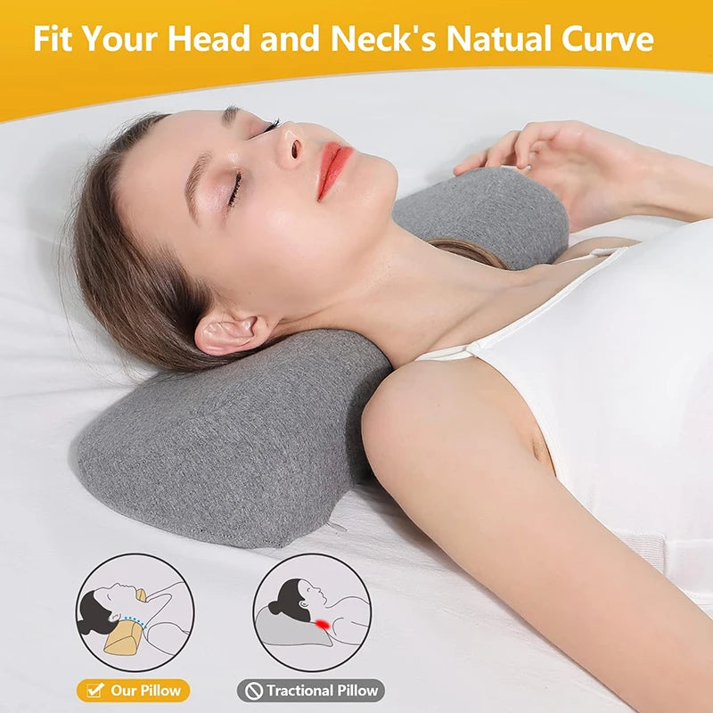 Woman using a gray neck pillow to support her head and neck on a white background