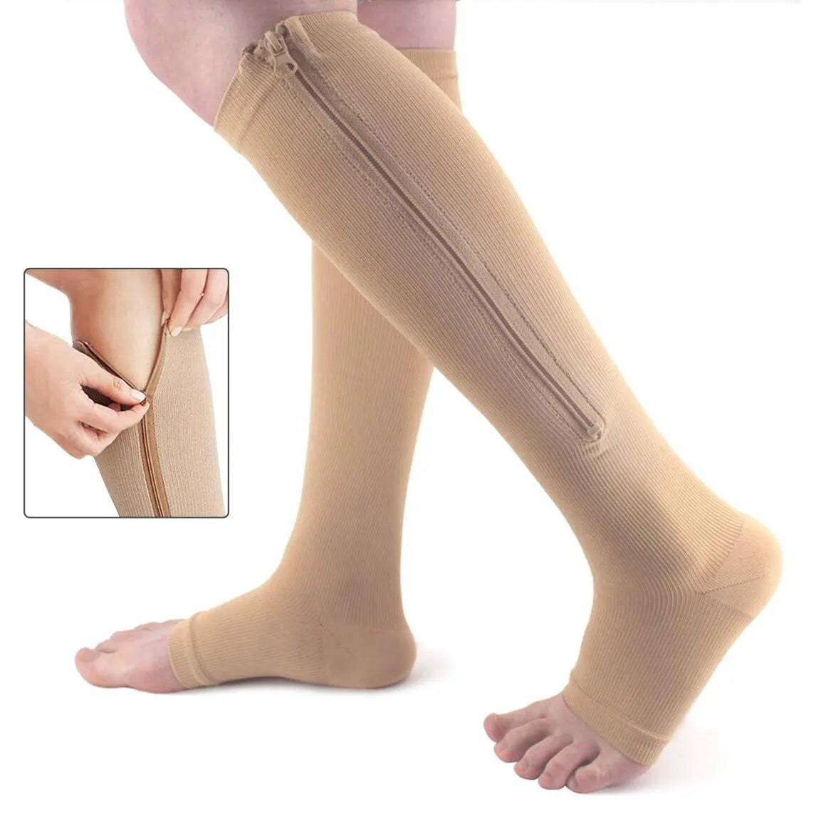 Zipper Compression Socks – Open-Toe Knee-High Anti-Fatigue Leg Support