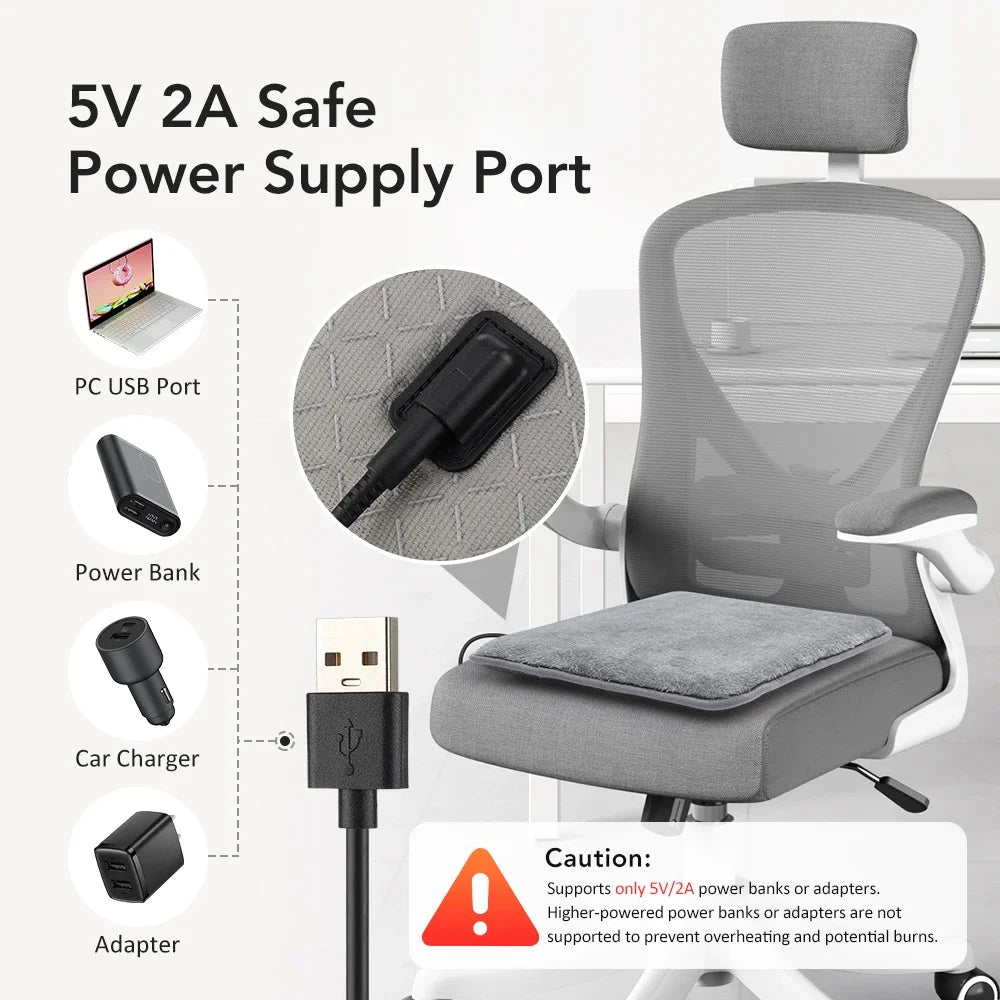 USB Electric Heated Seat Mat – Portable Breathable 4-Level Adjustable Seat Heater with Controller 37x35cm
