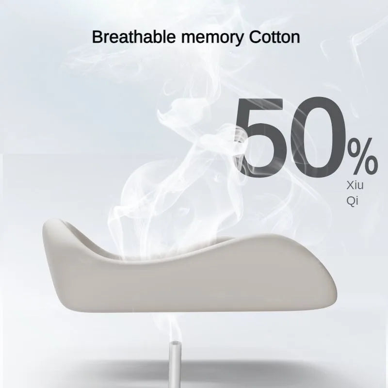 White pillow with breathable memory cotton and text on a light gray background