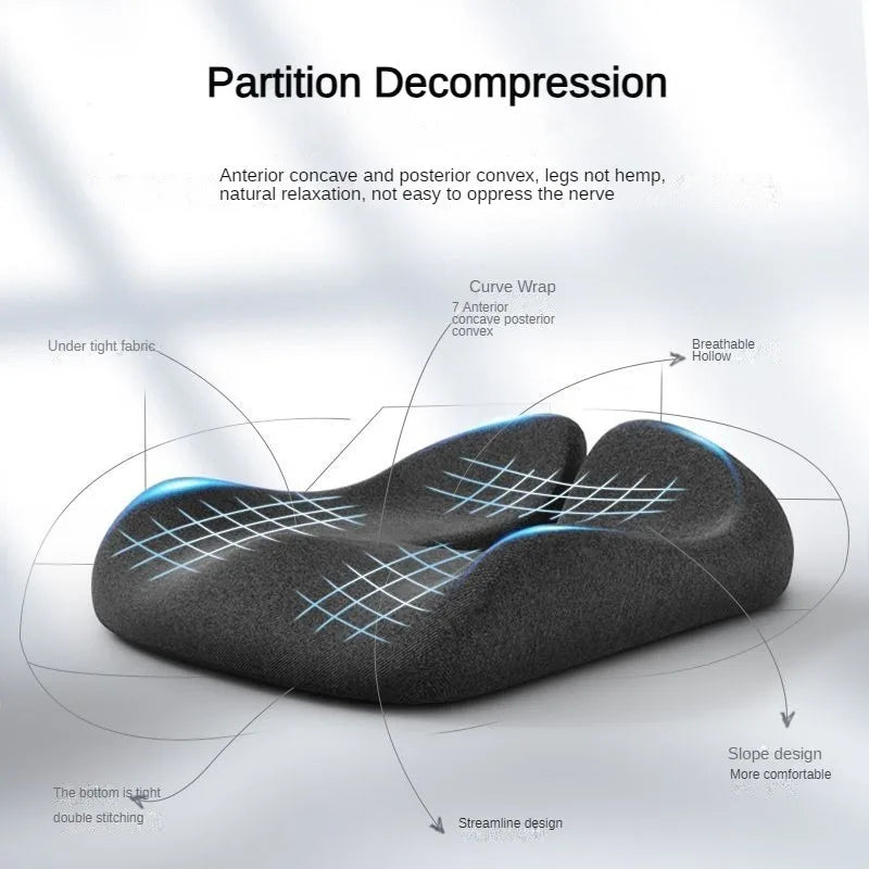 Ergonomic seat cushion with technical diagram on a gray background