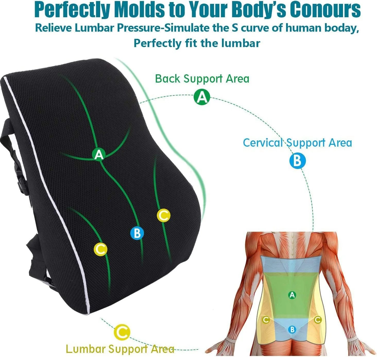 HEALTENCE Memory Foam Lumbar Back Cushion – Ergonomic Car & Office Support