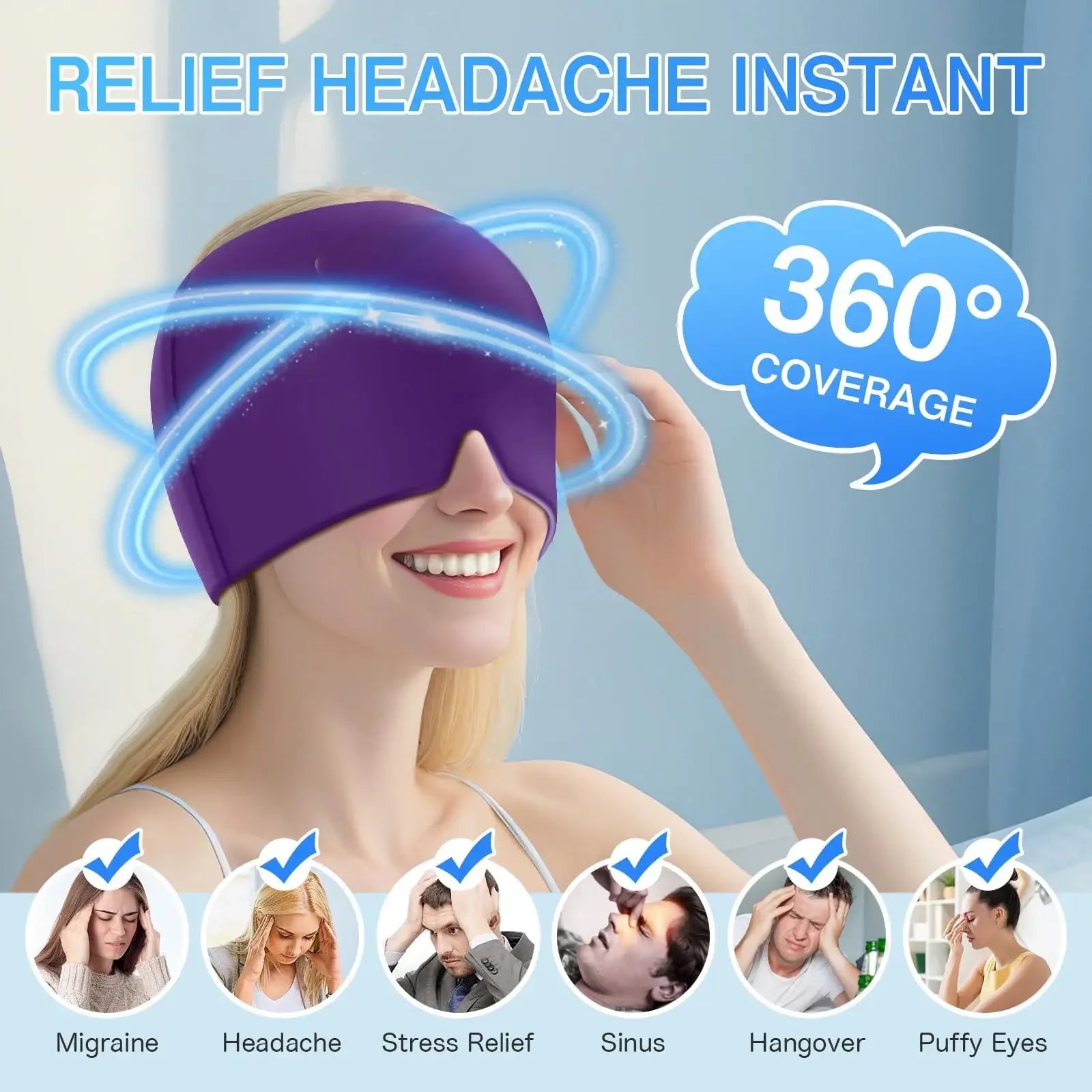 180/360Degree Gel Ice Headache Migraine Relief Hat Cold Compress Therapy Cap Ice Head Wrap Pack For Pressure Relieve Pain Mask