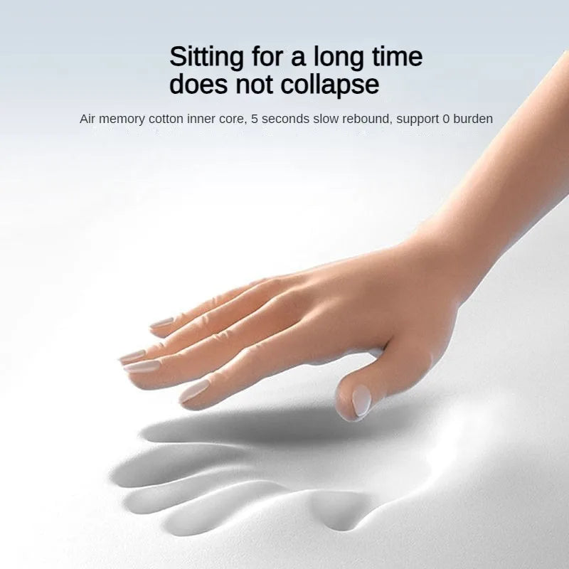 Hand pressing down on a mattress with text about air memory cotton inner core and slow rebound.