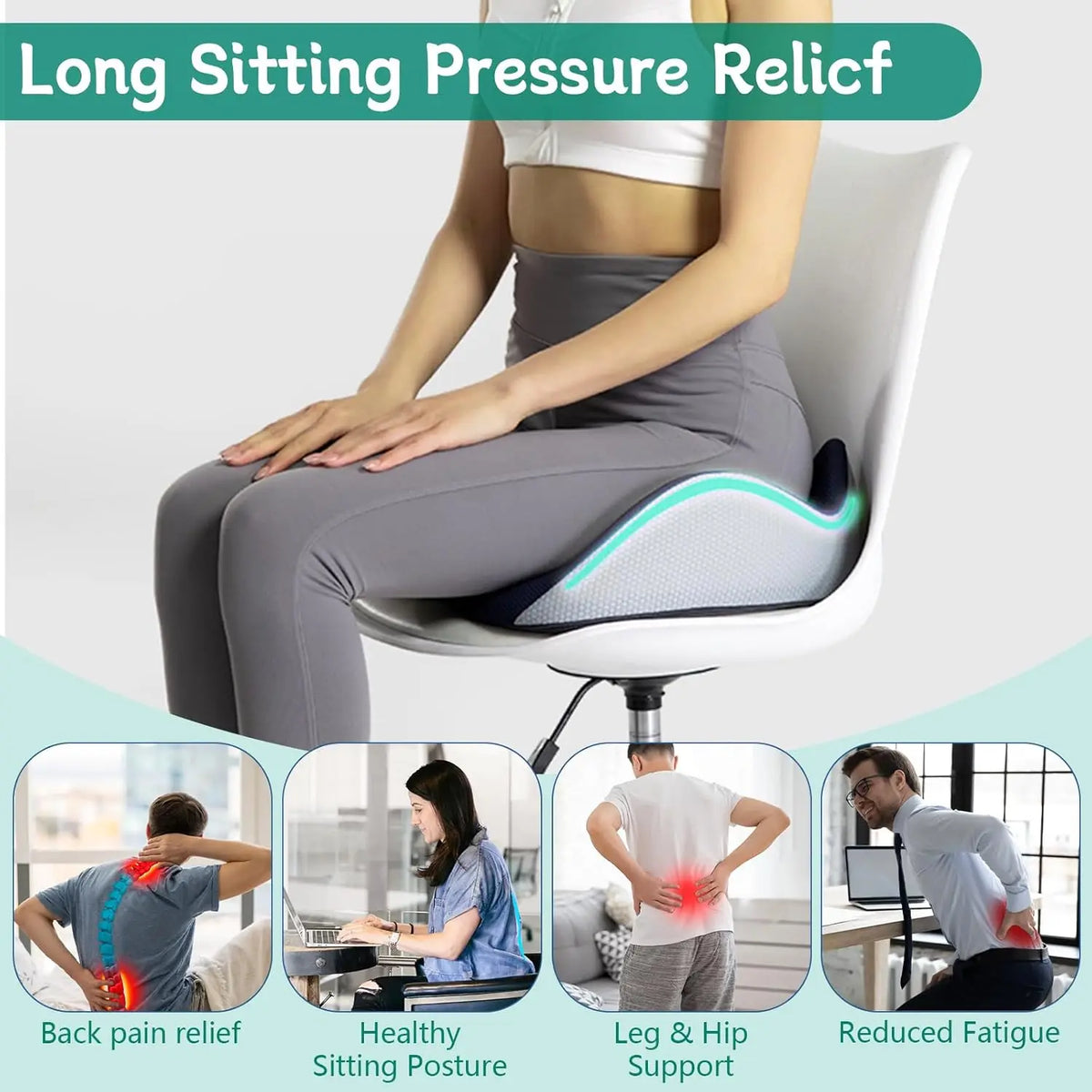 Person using a long sitting pressure relief cushion with various benefits highlighted.