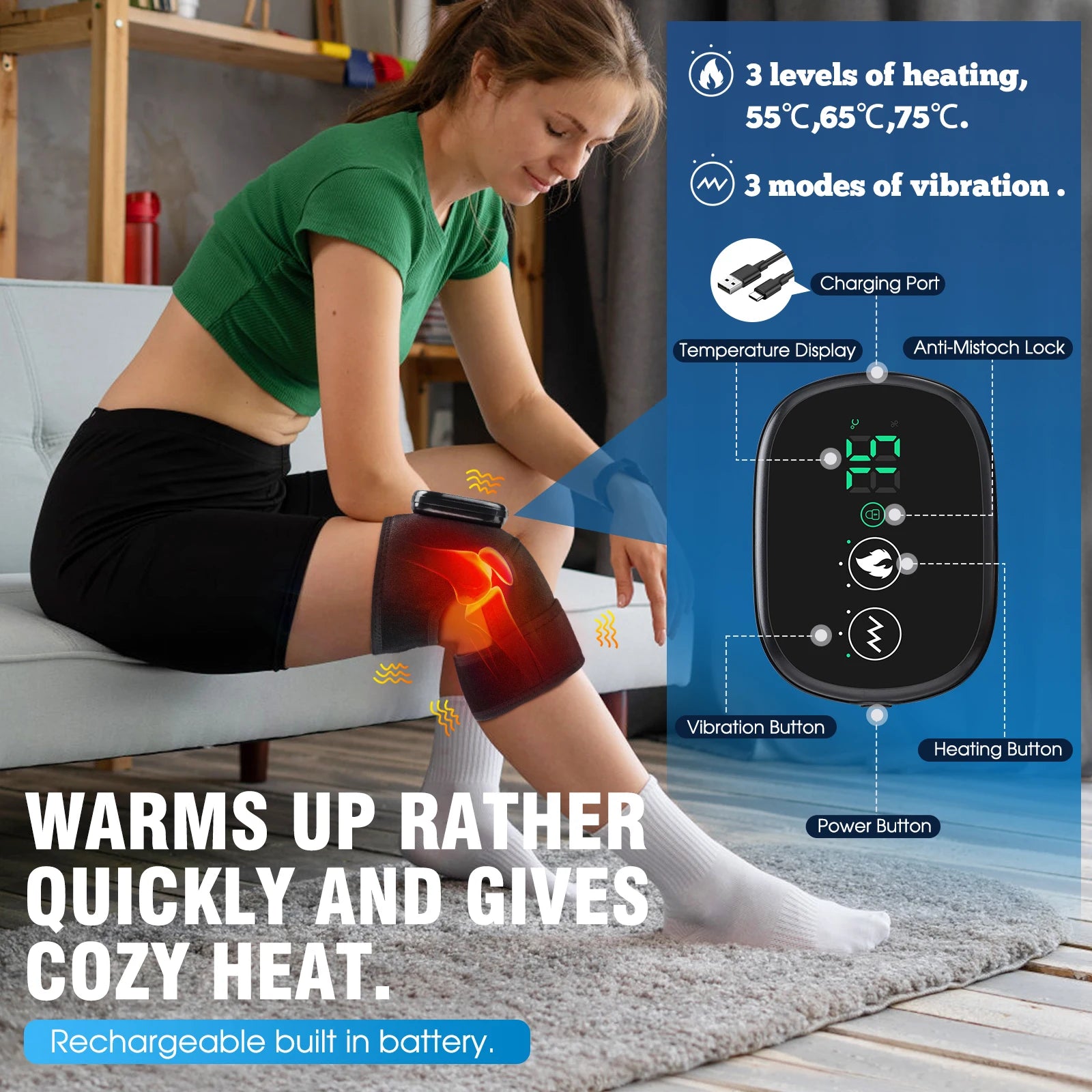 Electric Knee Pad Massager – Fast Heating Vibration with 5000mAh Battery for Knee, Shoulder & Elbow Joint Relief