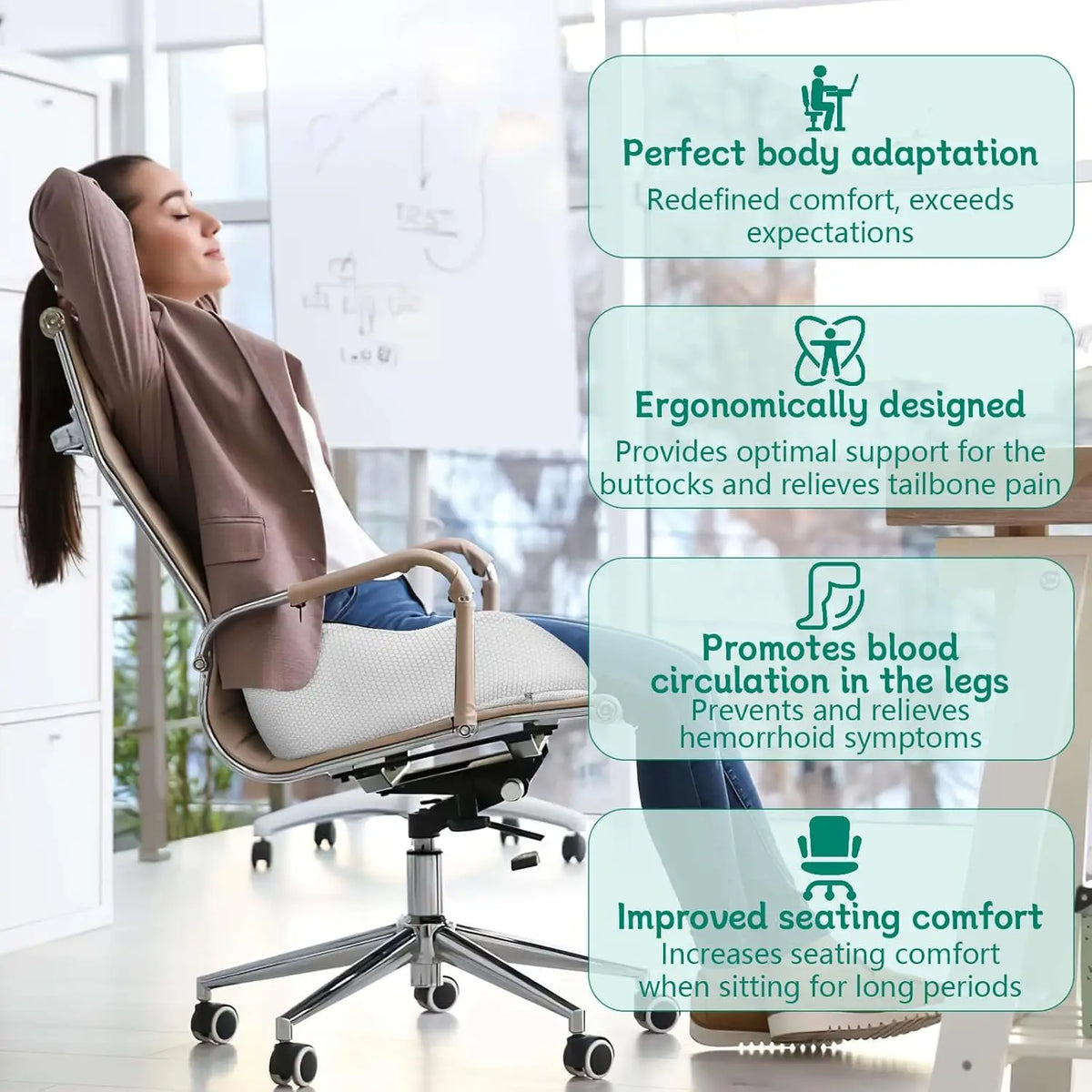 Person using a massage chair with text highlighting its benefits