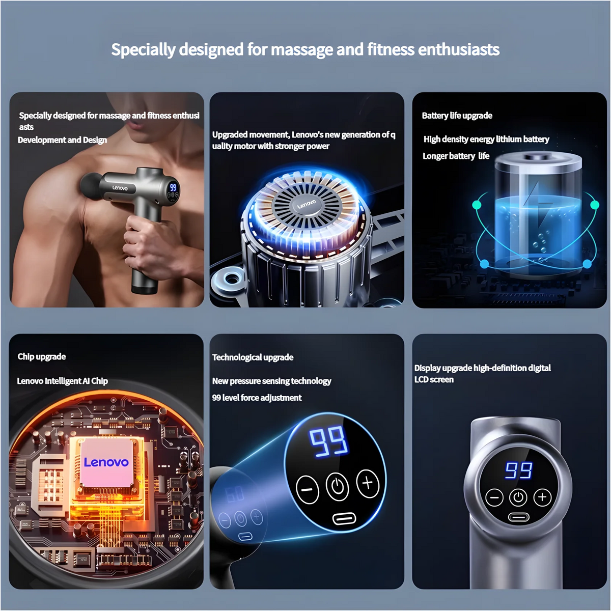 Lenovo Fascia Massage Gun – Deep Muscle Soreness Relief with LED Touch Screen & 8 Massage Heads