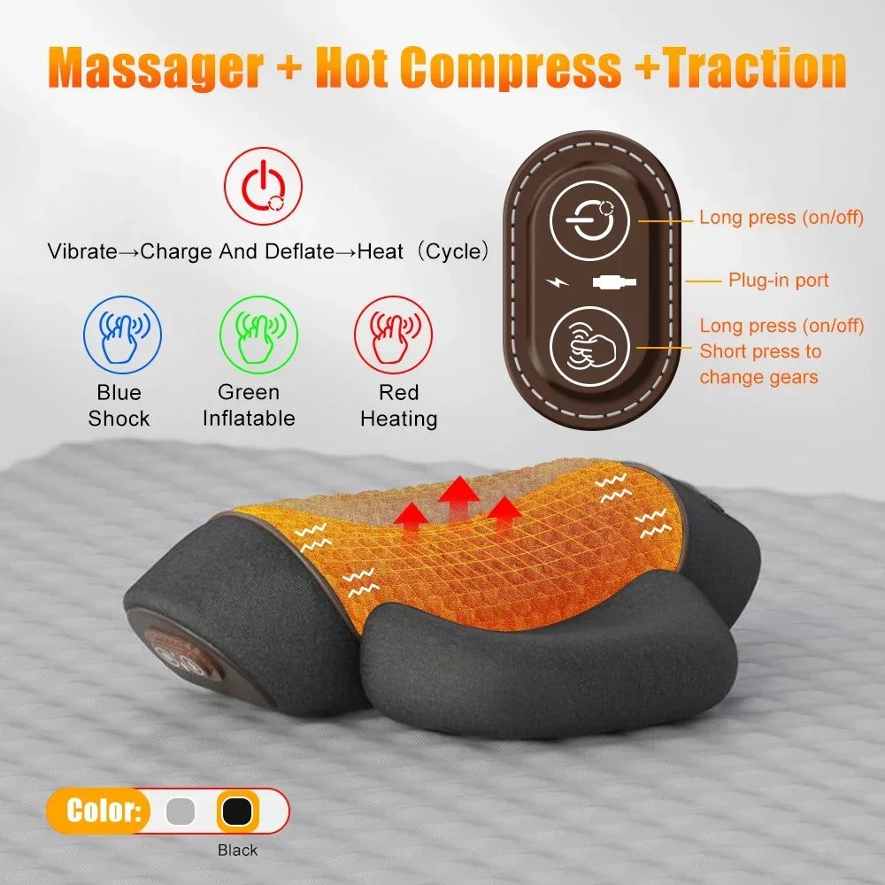 Electric Neck Massager Cervical Pillow – Hot Compress Heating & Vibration for Neck, Shoulder & Back Traction