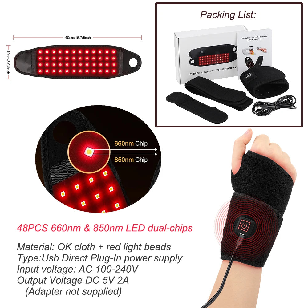 Red Light Therapy Wrist Strap – 660nm & 850nm LED Infrared Brace for Carpal Tunnel & Wrist Pain