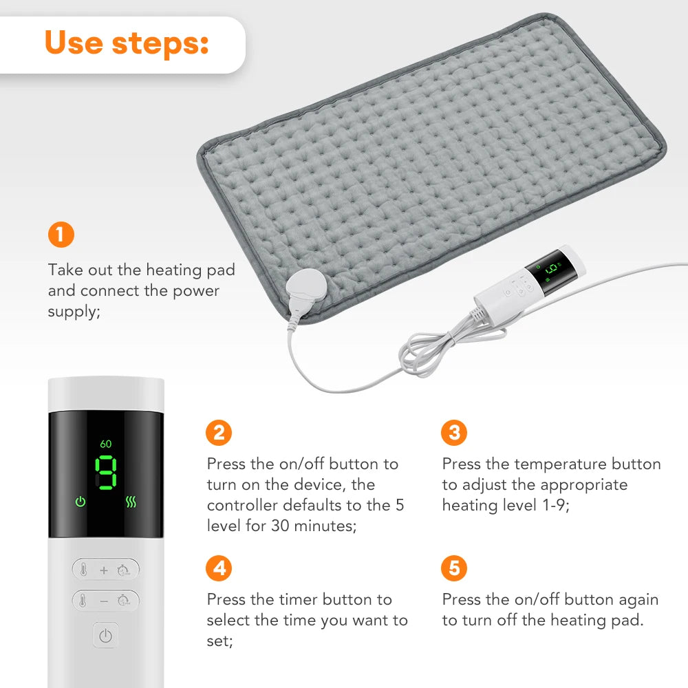 Electric Heating Pad 30x60cm – 9 Heat Levels & 4 Timers