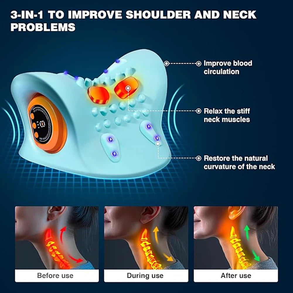 Heated EMS Cervical Neck Massager – Electric Pulse Spine Traction Stretcher Pillow