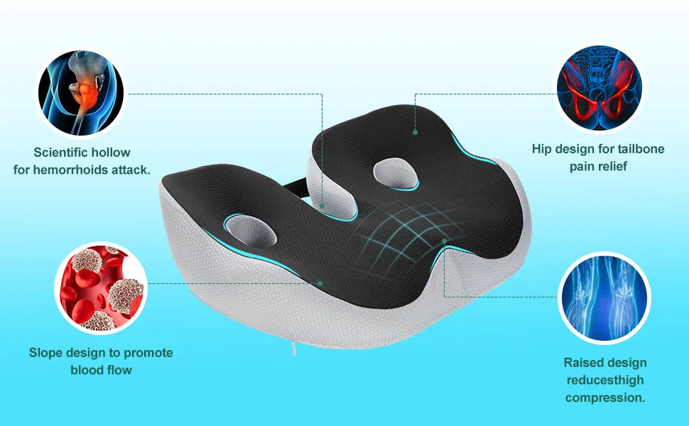 Large Memory Foam Seat Cushion – Sciatica & Tailbone Pain Relief, Non-Slip