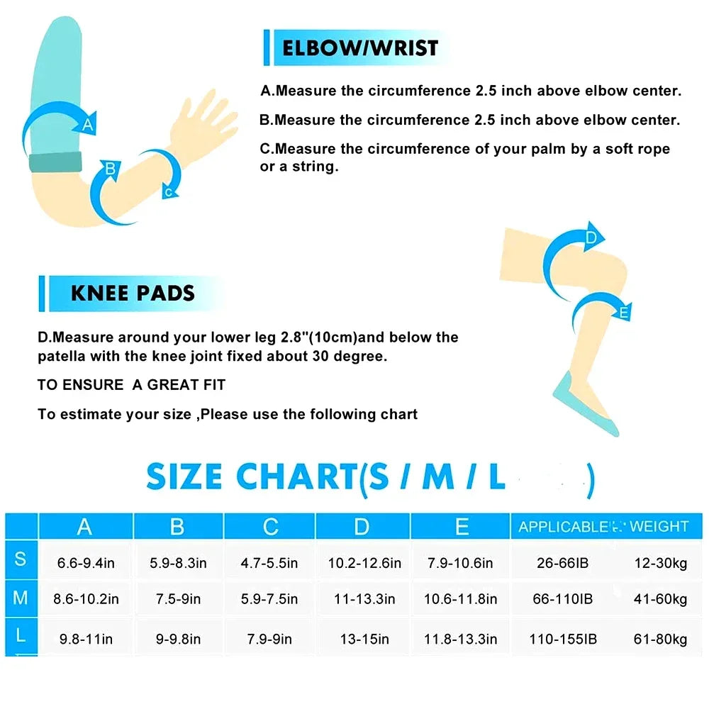 A size chart and measurement guide for knee pads, showing illustrated arm and knee measurement diagrams with text instructions and a size table labeled S through M with weight ranges.