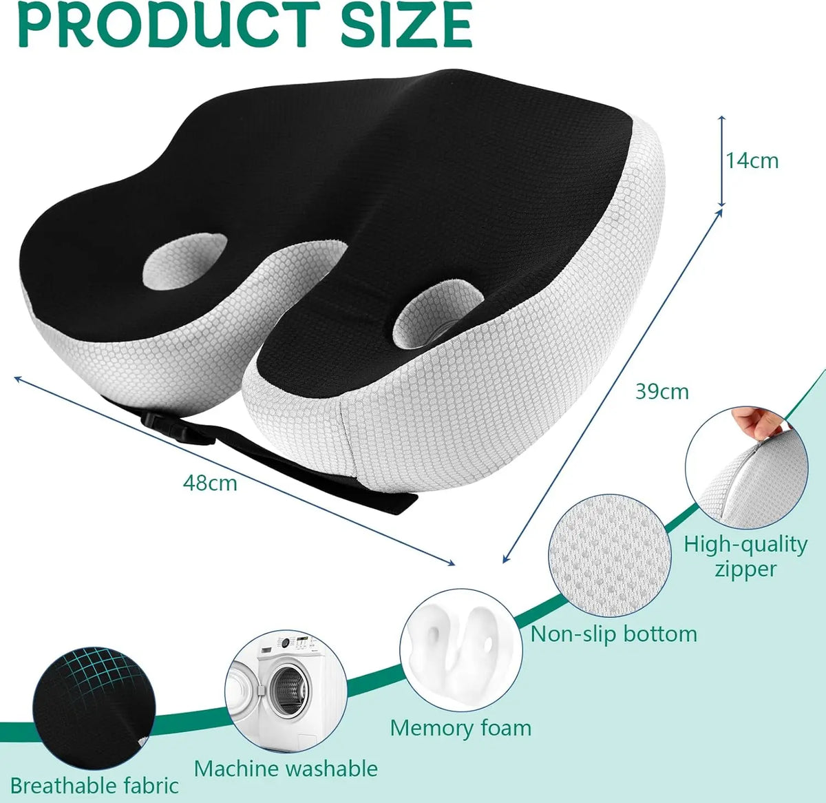 Cushion with dimensions and features on a white background