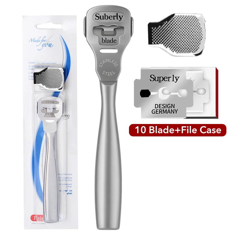 Foot Razor Callus Remover Kit – Stainless Steel Heel & Hard Skin Corn Shaver with Wood Handle & 10 Blades
