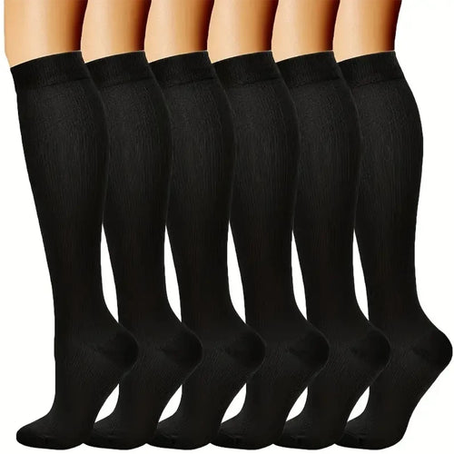6 Pairs Nurse Compression Socks – Solid Color Black & Skin Tone Support Socks for Women & Men