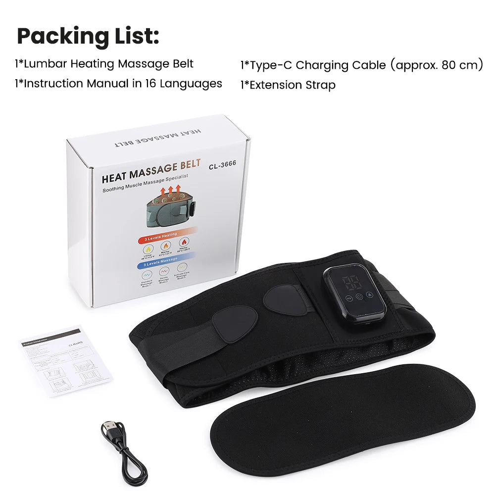 Electric Heating Vibration Waist Massage Belt 3 Gears Hot Compress Lumbar Brace Spine Decompression Massager Back Support Belt